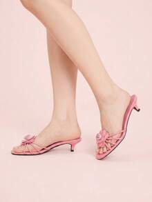 CUCCOO DOLLMOD French Style Elegant Commuter Comfortable Versatile Short Heel Round Toe Decal Kitten And Lady Open Toe Slippers Summer Shoes - Coral Pink - View 5