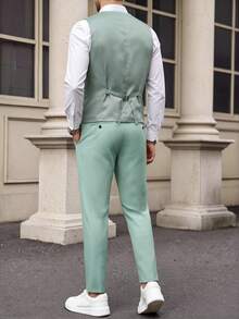 Manfinity Bizformal Men Light Green V-Neck Waistcoat And Pants Suit Set, Ceremony, Formal - Green - View 2