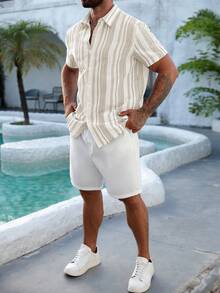 VENTUSAIL Regular Shoulder Striped Front Button Casual Summer Slim Fit Short Sleeve Shirt - Khaki - View 4