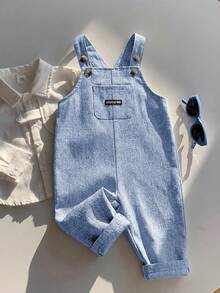 SHEIN Baby Boy Casual Cute Versatile Striped Cartoon Bear Pattern Bib Jumpsuit - Dusty Blue - View 5