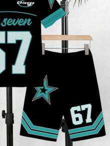 Conjunto de 2 peças para meninos pequenos, casual, criativo, com o número 67, camiseta listrada com estrelas e blocos de cores, confortável para uso diário na primavera e no verão. - Multicolorido - Ver 4