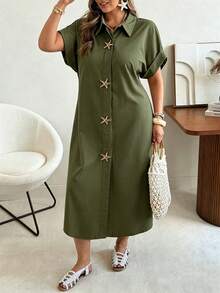 Ceyna Plus Size Women's Olive Green Summer Vacation Holiday Maxi Dress,Starfish Metal Button Decor,Textured Woven Raglan Sleeve Crew Neck Asymmetric Dress - Army Green - View 7