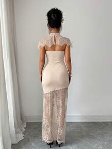 SHEIN Elenzya Vestido de manga corta ajustado, transparente, con parches de encaje y calado de unicolor - Albaricoque - Ver 2