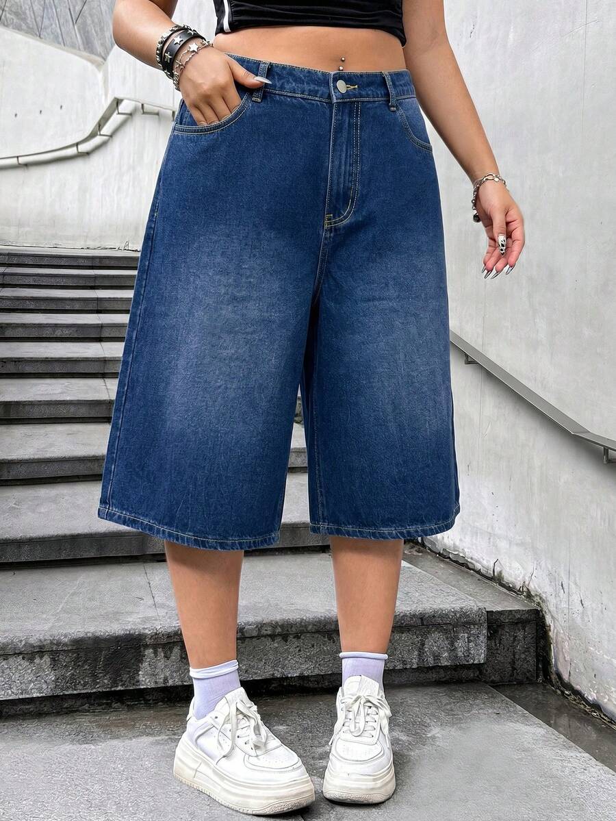 Dripcurv Plus Size Casual Loose Summer Washed Slant Pocket Wide Leg Cropped Jeans - Dark Wash - View 1