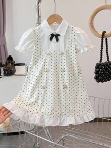 SHEIN Elladie kids 女童波點圖案鈕扣裝飾蝴蝶結領泡泡袖公主洋裝，夏季款 - 杏色 - 查看 4
