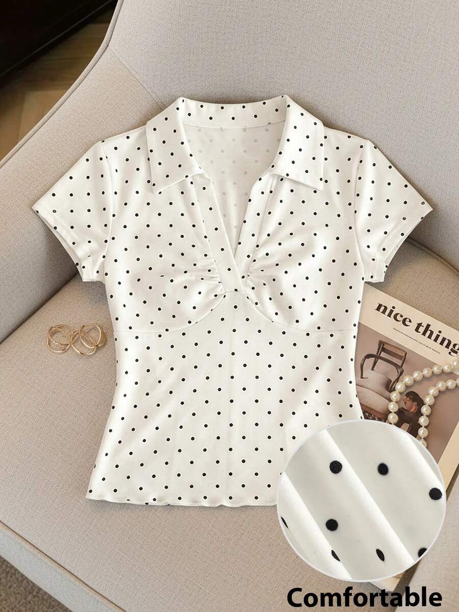 Franclia White Polka Dot V-Neck Short Sleeve T-Shirt Women, Ruched Waist Ruffle Hem Cropped Sweet & Spicy Style Top - Black and White - View 1