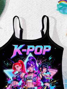 Young Girls K-Pop Superstars Cartoon Girl Group Swimsuit With Printed Pattern, One-Piece Swimwear Suitable For Summer - Multicolor - View 4
