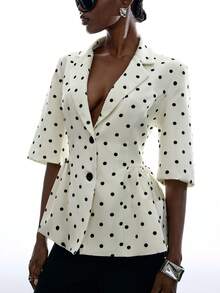 LYSMO Áo khoác blazer nữ họa tiết chấm bi kiểu dáng thường ngày - Đen và trắng - Xem 4