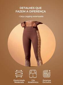 CAJUNI Leggings femininas modernas com estampa minimalista, ideais para corrida. - Castanho - Ver 3