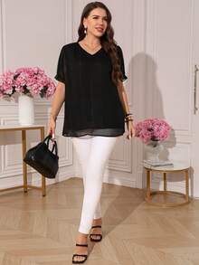 Miaspire Plus Size Women's Brown, Autumn Elegant V-Neck Puff Sleeve Blouse Top, Smart Casual Everyday Office Gym Work, Summer Teachers' Day Boho Beach - Black - View 6