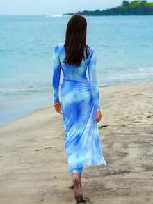 Swim Shayni 女款夏季粉色紮染印花長袖拉鍊防曬泳衣、長褲與圍裙三件式布基尼泳裝海灘套裝 - 藍色 - 查看 2