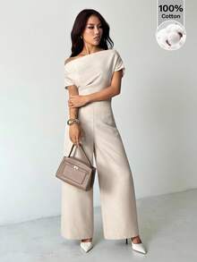SHEIN PETITE Bộ đồ nữ mùa hè mới về, kiểu dáng đơn giản, thanh lịch, thường ngày, chất liệu vải lanh, gồm áo sơ mi cổ rộng, trễ vai và quần ống rộng. - Màu be - Xem 9