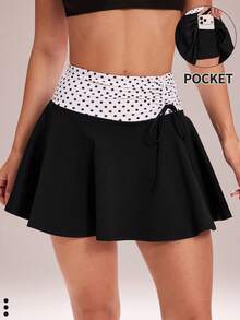 WanderVale Women's Summer Polka Dot Print Drawstring Pleated Twist Casual Sports Yoga Pants Skirt - Black - View 7
