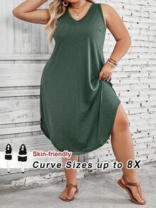 SHEIN CURVE+ Plus Size Women's Solid Color Curved Hem Vest Dress - Green - View 8