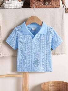 SHEIN Vintaside Kids 男婴休闲舒适百搭套头衫，独特纹理面料 - 藍色 - 查看 3