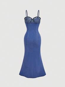 SHEIN MOD Đầm denim nữ thanh lịch với dây đeo mảnh, viền bèo nhún và gấu đầm. - Màu xanh lam - Xem 2