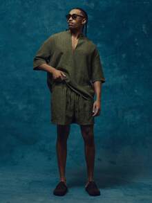 Musero Regular Loose Fit Elasticated Drawstring Waistband Pinstripe Shorts Co Ord Bottoms Only Spring Summer Essentials Holiday Beach - Green - View 2