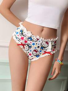 Chillnights HELLO KITTY AND FRIENDS | SHEIN Women Cute Cartoon Print Bow Decor Ruffle Trim Panties - White - View 1