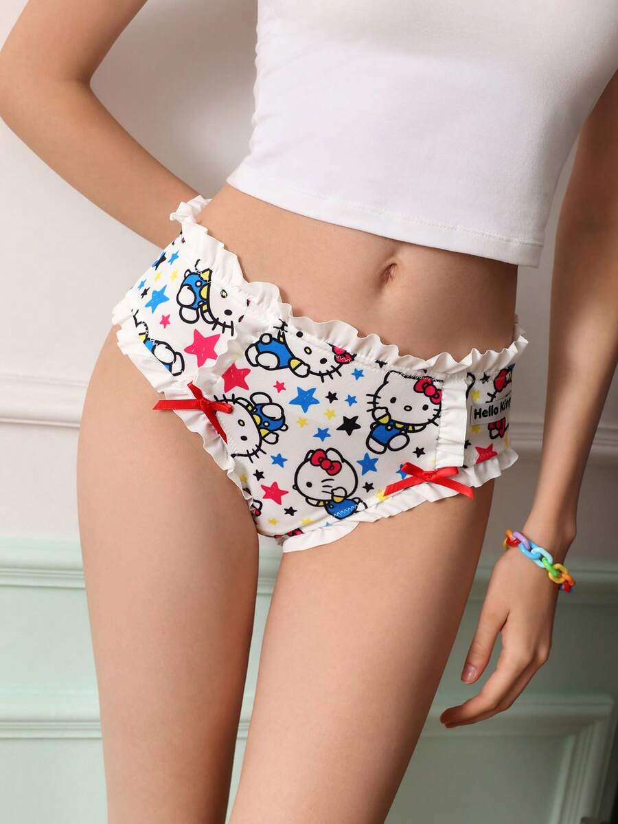 Chillnights HELLO KITTY AND FRIENDS | SHEIN Women Cute Cartoon Print Bow Decor Ruffle Trim Panties - White - View 1