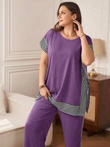 Rosumi Plus Size Striped Patchwork T-Shirt + Pants, White 2 Pieces Set Lounge Vacation Summer - Purple - View 1