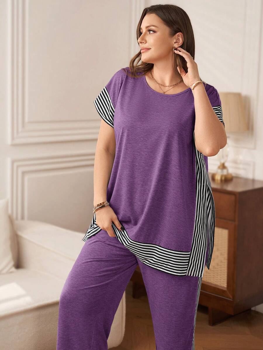 Rosumi Plus Size Striped Patchwork T-Shirt + Pants, White 2 Pieces Set Lounge Vacation Summer - Purple - View 1