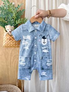 SHEIN Vintaside Kids 嬰兒男童卡通圖案牛仔效果短袖連體褲 - 藍色 - 查看 3
