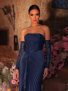 Glamrae Đầm maxi dài tay cúp ngực, xẻ tà cao, chất liệu ren đính hạt và satin sang trọng, phù hợp cho các buổi hẹn hò, đám cưới, tiệc tùng, dạ hội và kỳ nghỉ. - Màu xanh hải quân - Xem 3