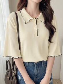 FRIFUL Áo thun nữ tay ngắn dáng rộng kẻ sọc lượn sóng phối màu tương phản, thích hợp mặc thường ngày mùa hè. - Màu be - Xem 2