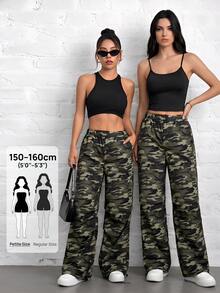 SHEIN PETITE Women's Camouflage Print Woven Parachute Cargo Pants ,Petite Women - Army Green - View 2