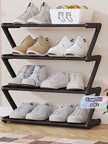 This Large Four-Layer Z-Shaped Shoe Rack Can Be Easily Assembled Without Any Tools. It Is Made Of Black Plastic And Is A Stackable Storage Rack, Suitable For Homes, Dormitories And Living Rooms. Its Space-Saving Floor-Standing Design Makes It An Ideal Choice For Shoe Storage. - Multicolor - View 1