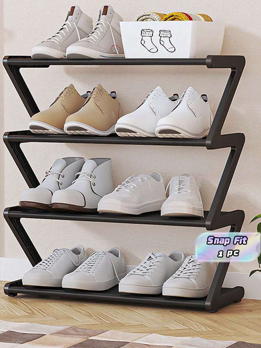This Large Four-Layer Z-Shaped Shoe Rack Can Be Easily Assembled Without Any Tools. It Is Made Of Black Plastic And Is A Stackable Storage Rack, Suitable For Homes, Dormitories And Living Rooms. Its Space-Saving Floor-Standing Design Makes It An Ideal Choice For Shoe Storage. - Multicolor - View 1