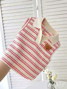 SHEIN LMoss Kids Áo polo kẻ sọc dệt kim hình gấu dễ thương cho bé gái, kiểu dáng thường ngày, thích hợp mặc mùa hè, quần áo trẻ em gái, áo polo kẻ sọc, áo kiểu mùa hè, trang phục đi học, trang phục hàng ngày. - Hồng - Xem 6