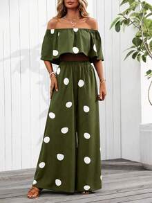 SHEIN PETITE 女款春夏新款露肩波點兩件套，休閒度假穿搭，適合嬌小女性 - 軍綠色 - 查看 4
