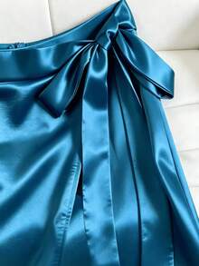 Franclia Quần dài satin thanh lịch dành cho nữ, quần ống rộng bất đối xứng buộc dây cao cấp bóng bẩy, thích hợp cho mùa xuân, hè và đầu thu. - Màu xanh ngọc - Xem 3