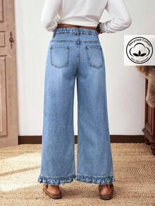 EMERY ROSE Plus Size Women Street Casual Comfortable Mid-Blue Non-Stretch Ruffle Hem Straight Leg Jeans - Light Wash - View 2