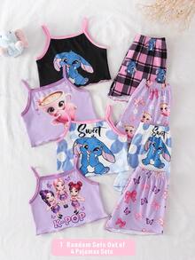 (Envío de 1 set aleatorio de 4 sets) Shorts con tirantes para niña, tela de punto con volantes, patrones lindos de conejo, figura y cuadros, pijamas suaves y cómodos, mejor regalo para niña - Blanco - Ver 2