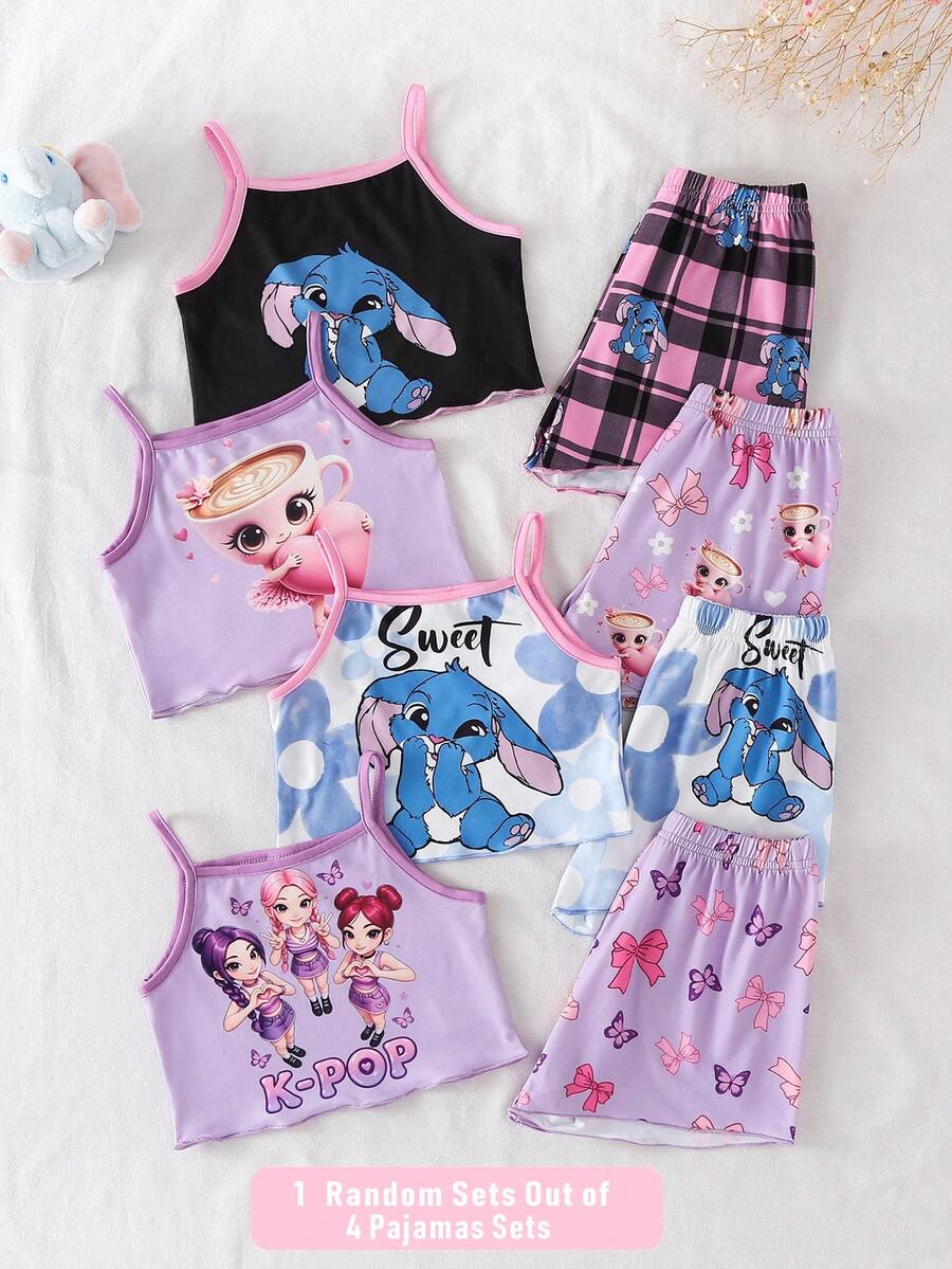(Envío de 1 set aleatorio de 4 sets) Shorts con tirantes para niña, tela de punto con volantes, patrones lindos de conejo, figura y cuadros, pijamas suaves y cómodos, mejor regalo para niña