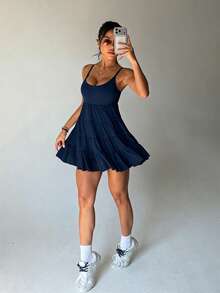 Dewbera Dewbera 女款海軍藍夏季休閒性感運動洋裝，可調節細肩帶，可拆式胸墊內衣，網紗裙擺外層，附口袋短褲，瑜伽 - 藏蓝色 - 查看 4