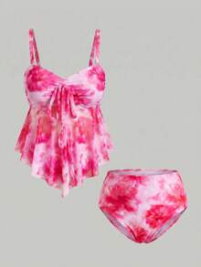 Sweetra CURVE Tankini-baddräktset för kvinnor i plus size, sommar, strand, blommönstrat, knuten framsida, rosa, för semester - Rosa - Visa 1