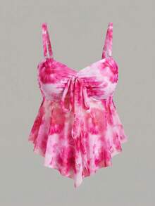 Sweetra CURVE Tankini-baddräktset för kvinnor i plus size, sommar, strand, blommönstrat, knuten framsida, rosa, för semester - Rosa - Visa 3