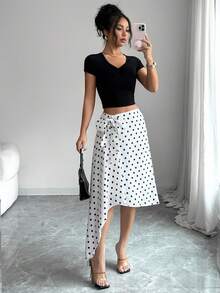Modelyn Women's Polka Dot Tie Waist Casual Versatile Date Night Skirt - White - View 5