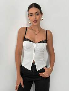Siren Gaze Women's Fashion Lace Patchwork Front Zip Camisole, Suitable For Music Festival,Summer Top - White - View 8
