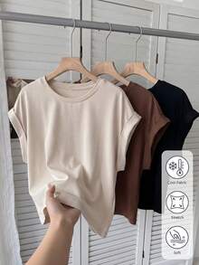 SHEIN LUNE 3pcs Women Casual Solid Color Basic , Short Special Fabric Batwing Short Sleeve T-Shirt, Relaxed Elegant Commute, Spring/Summer - Multicolor - View 5