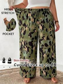 SHEIN CURVE+ Quần ống rộng dáng rộng, thắt eo bằng dây rút, in họa tiết toàn thân, đa năng, phong cách thường ngày dành cho nữ. - Đen và trắng - Xem 1