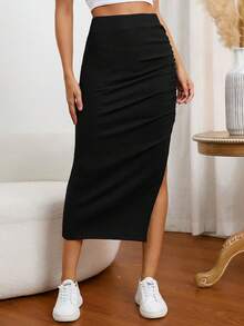 SHEIN Tall CURVE 大码休闲纯色百褶高开衩半身裙 - 黑色 - 查看 10