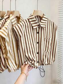 Resyla Striped Collar Cinched Waist Shirt - Coffee Brown - View 3