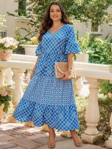 Rosumi Plus Size V-Neck Argyle Print Ruffle Hem Short Sleeve Dress - Baby Blue - View 6