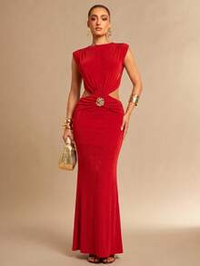 Silquee Red Summer Elegant Party Dress For Women,Metallic-Embellished Pleated Backless Fitted Maxi Long Wedding Reception Formal Graduation Beach Dress - Red - View 5
