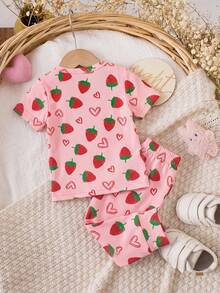 Baby Girl Strawberry Heart All-Over Print Short Sleeve T-Shirt And Leggings Pajama Set, Spring/Summer/Autumn - Baby Pink - View 5