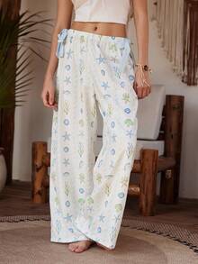 Lullawish Women's Autumn Vacation Shell Print Bow Decor Pajama Bottoms Vacation White Tropical - Multicolor - View 5